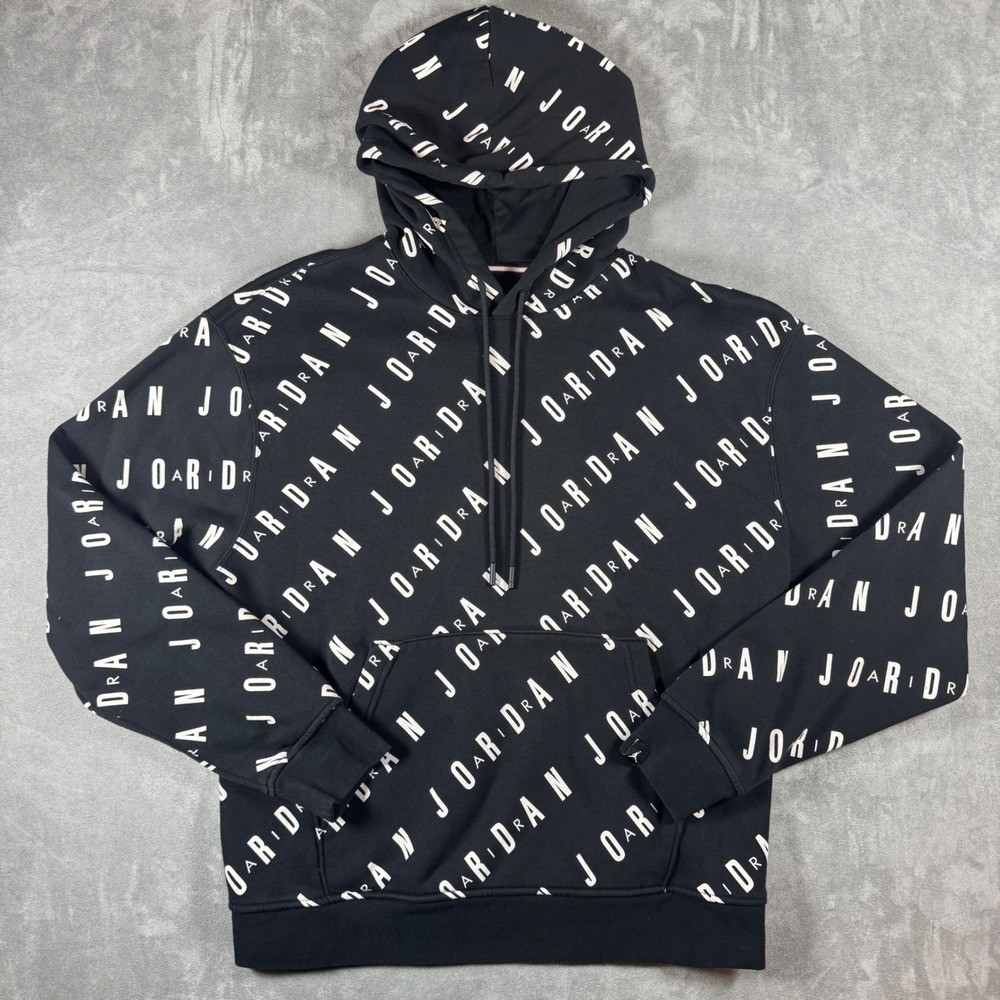 Jordan Essentials All Over Print Pullover Hoodie Black White DV7640-010 Medium